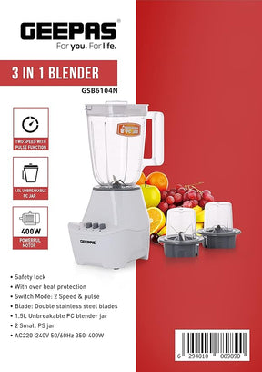 Geepas 3-in-1 Blender GSB6104N: Powerful 400W with Unbreakable Jars and Stainless Steel Blade