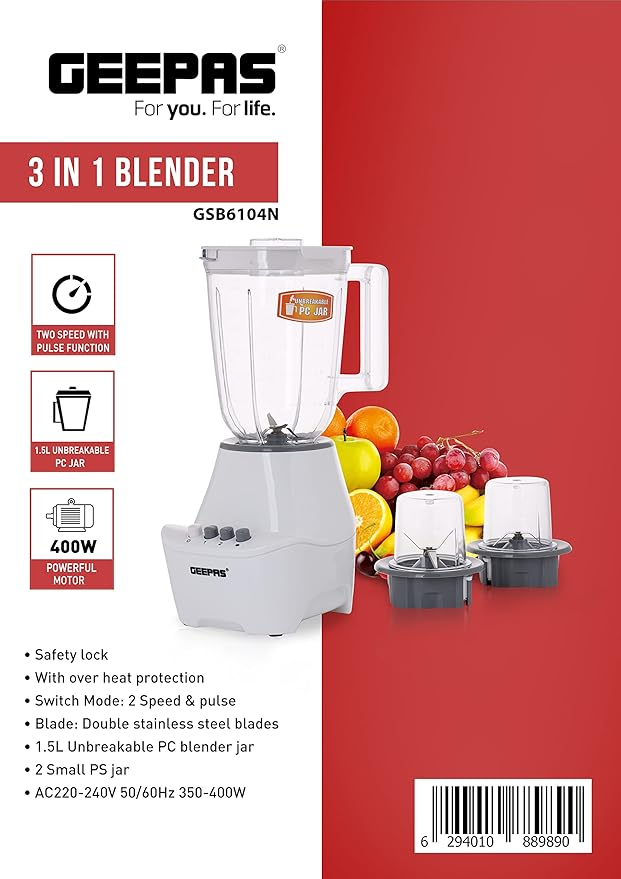 Geepas 3-in-1 Blender GSB6104N: Powerful 400W with Unbreakable Jars and Stainless Steel Blade