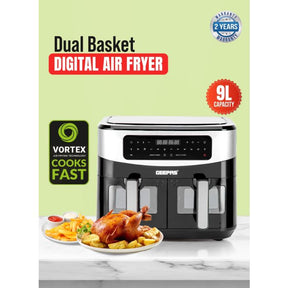 Geepas 9 L Dual Basket Digital Air Fryer- GAF37525UK| Equipped with VORTEX Air Frying Technology, Oil Free Cooking| LED Display with Touch Screen,