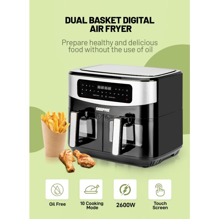 Geepas 9 L Dual Basket Digital Air Fryer- GAF37525UK| Equipped with VORTEX Air Frying Technology, Oil Free Cooking| LED Display with Touch Screen,