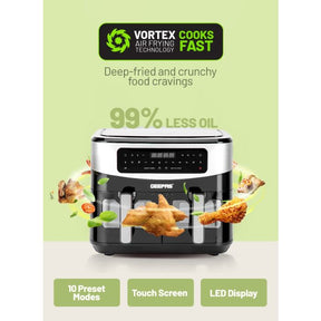 Geepas 9 L Dual Basket Digital Air Fryer- GAF37525UK| Equipped with VORTEX Air Frying Technology, Oil Free Cooking| LED Display with Touch Screen,